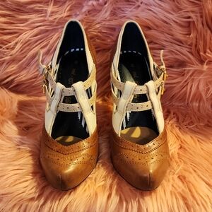 L.A.M.B. Cream and Brown Heels with Oxford-Inspired Design
